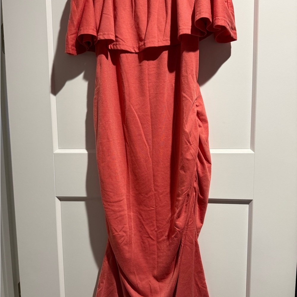 Off-Shoulder Coral Midi Maternity Dress - Picture 3 of 3